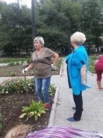 Серебряные Арс-волонтеры облагородили клумбы возле памятника герою России Олега Пешкова 15